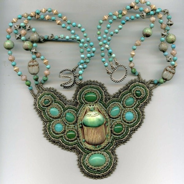 Queen of the Nile Bead Embroidered Necklace-Turquoise, Vintage Glass Scarab - on Reserve for gmiclea