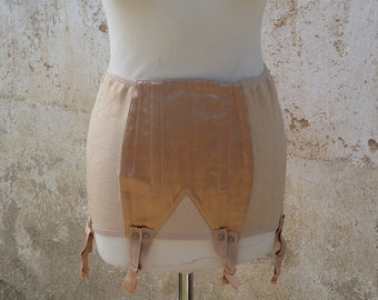 Vintage 1950/50s burlesque French  tea rose sateen girdle & garters straps lingerie corset pin up