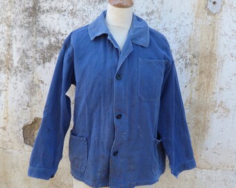 Vintage  old French Indigo blue chore jacket/worker jacket/Bleu de travail used