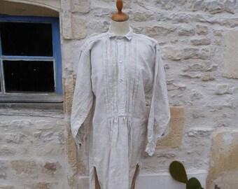 Antique 1890/1900 old French Handwoven Hemp Linen Men Shirt with pleated plastron