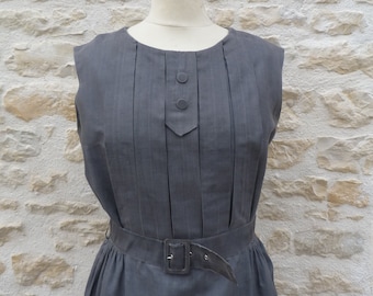 Vintage 1960 French grey dress pleated and belted size M