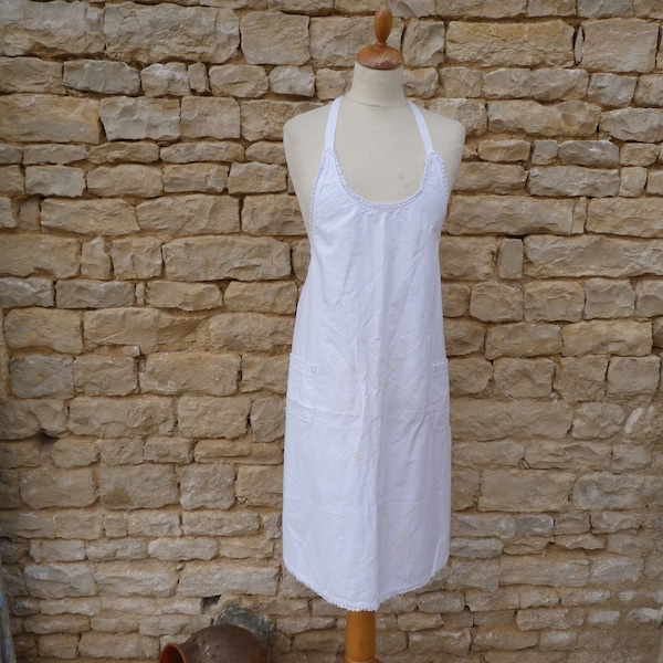 Vintage Antique 1900s French white cotton   " soubrette " service bib apron