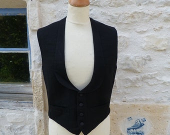 Vintage 1900 old French men vest black wool  with collar