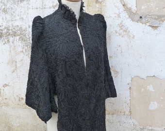 Vintage  1850s/1900s French Victorian black silk jacket cape capelet full embroidered with jet beads