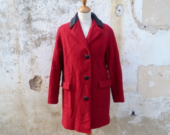 Vintage 1960/1970s Red Wool Coat With Black Leather Collar Size S