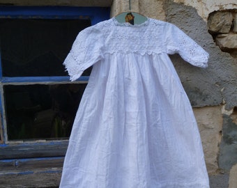 Vintage Antique Edwardian French 1900 white  cotton baptism child dress