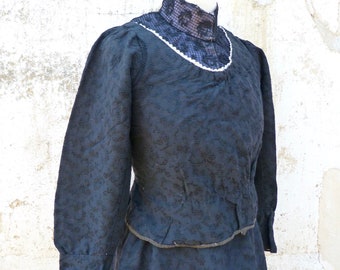 Vintage old French Victorian 1890s worker peasant suit skirt & jacket /thick damask sateen size XS