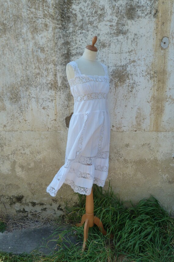 Girl/'s White Dress Vintage French ribbed cotton /& lace 1910