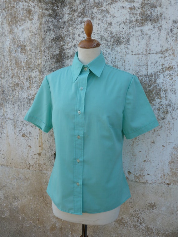 Vintage 1960 old French green cotton short sleeves