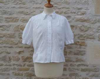 Vintage 1960 old French white cotton  embroidered short sleeves blouse size L