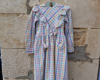 Vintage 1930 old French plaid cotton fabric Handmade child dress  Girl dress size 4/6 years