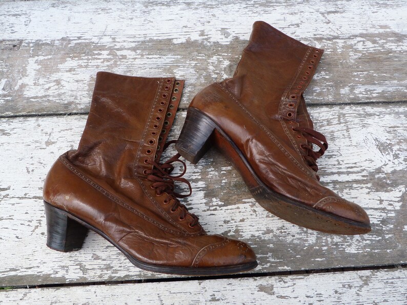 Bottes Anciennes Années 1890 – Cuir Noir Et Olive – Vintage