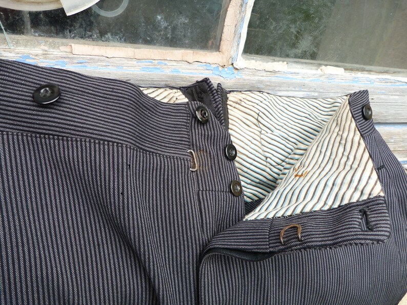 Vintage Antique 19001920 old French striped chore black wool men trousers pants Victorian Edwardian