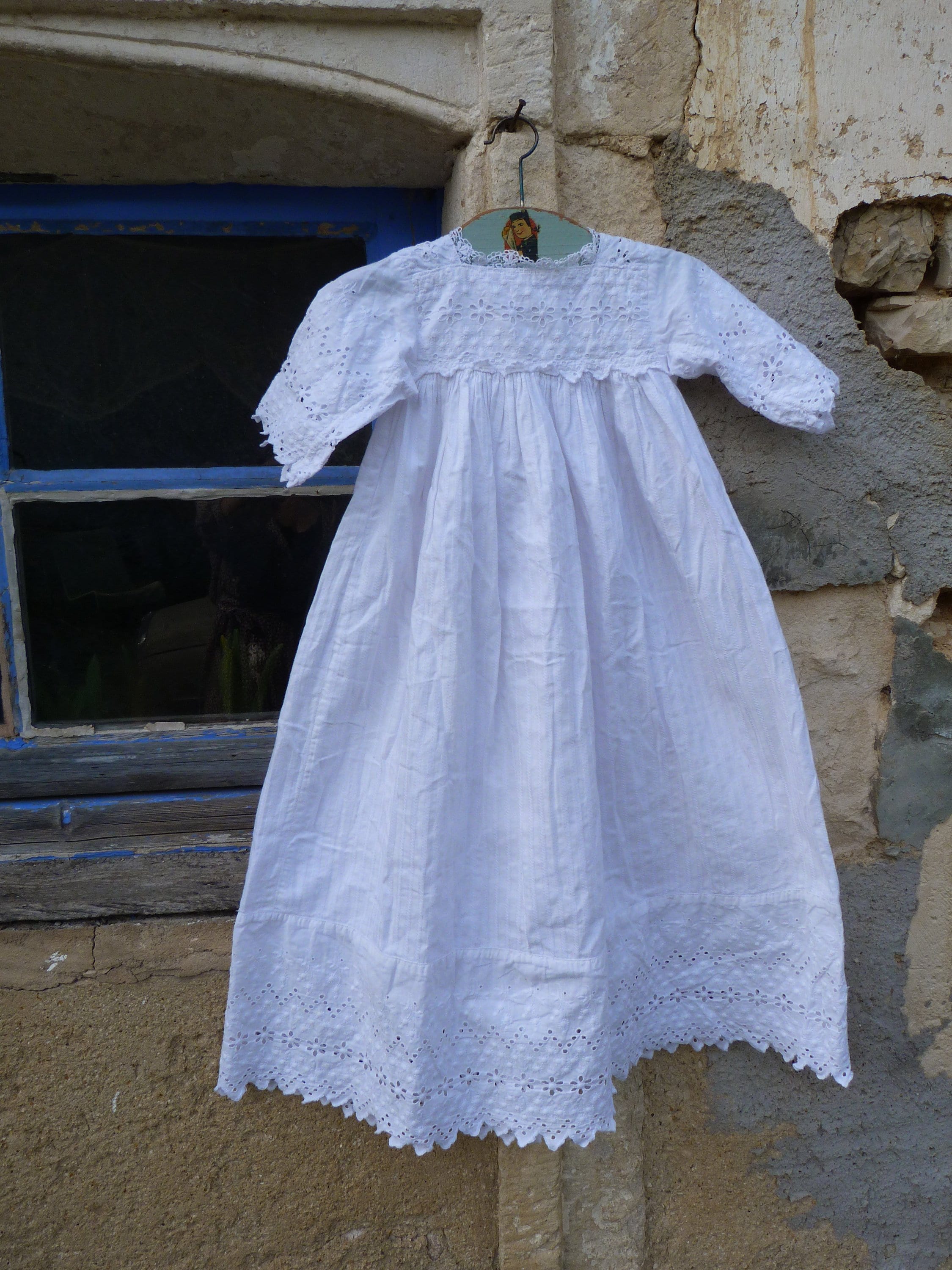 Vintage Antique Edwardian French 1900 white cotton baptism child dressthumbnail