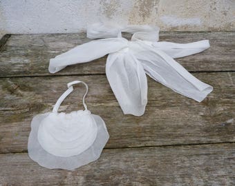 Vintage Antique 1950s  French organdi thin white cotton Holy communion purse & bow belt