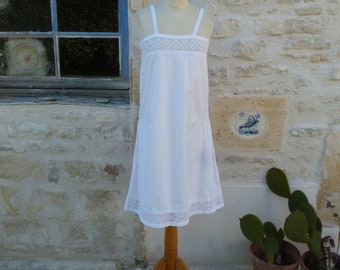 Vintage old French Edwardian 1900 white cotton dress underdress nightgown with large lace size S/M