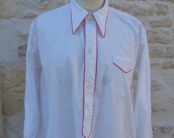 Vintage old French 1930s  long white & red cotton Men Shirt/Nightgown