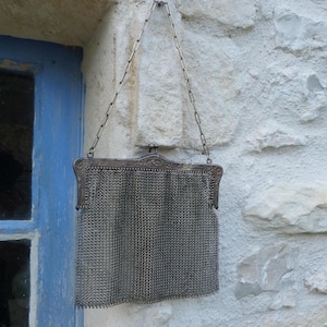 Vintage old French Edwardian silver mesh purse clutch evening bag