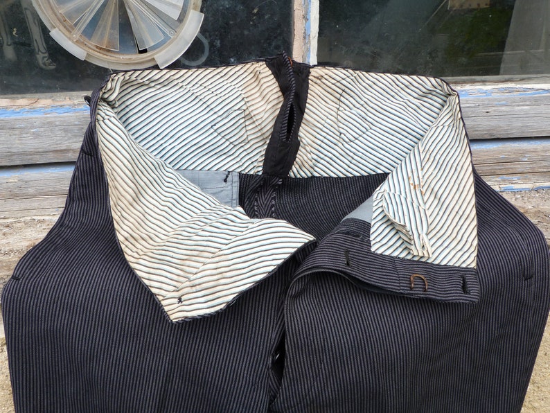 Vintage Antique 19001920 old French striped chore black wool men trousers pants Victorian Edwardian