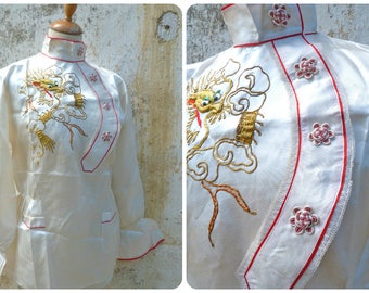Vintage Antique Asian 1930s  embroidered cream satin pajama top /Dragon