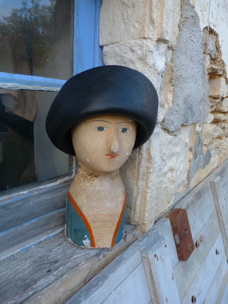 Vintage made in France Navy blue straw hat with large gros grain ribbon bow at the back image 6