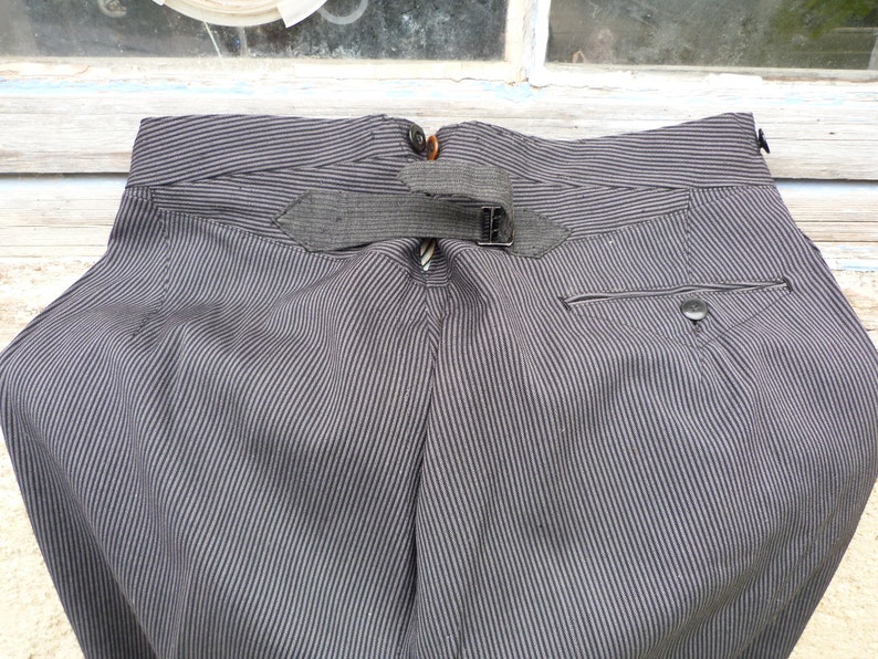 Vintage Antique 19001920 old French striped chore black wool men trousers pants Victorian Edwardian