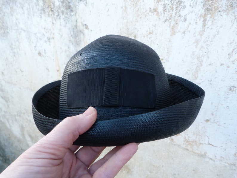 Vintage made in France Navy blue straw hat with large gros grain ribbon bow at the back image 5