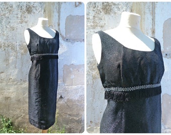 Vintage 1960/60s glittered black dress adorned with strass & fringes +assorted bolero size M