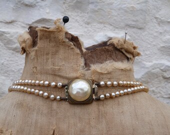 Collier De Perles 2 Rangs Art Déco Vintage Années 1950 - Perles Baroques En Verre - Occasion