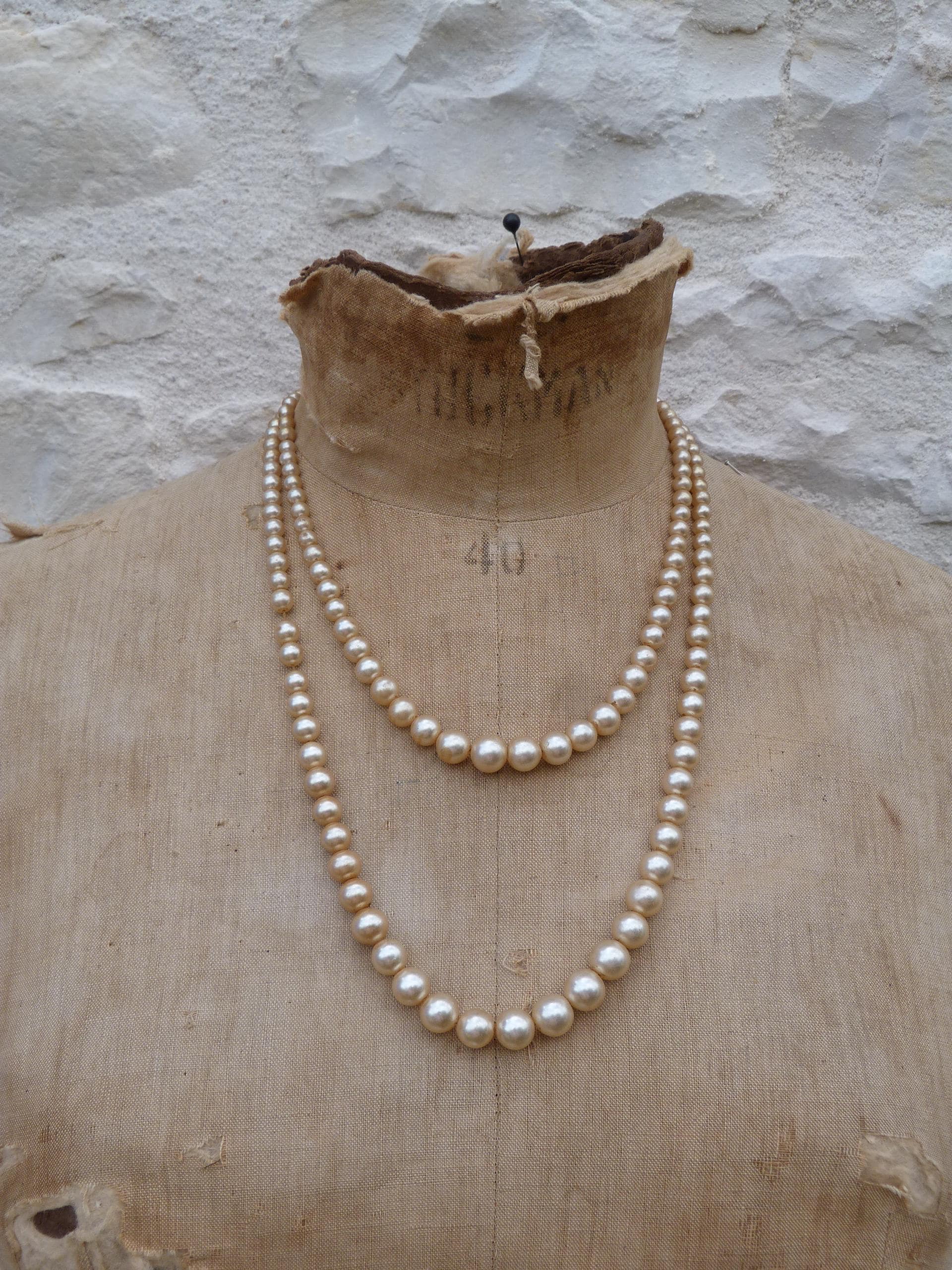 Collier Art Déco Vintage Années 1950 - 2 Rangs De Perles Baroques En Verre Naturel | État Occasion