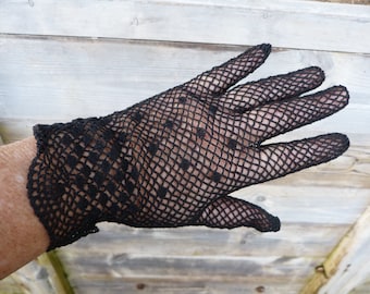 Vintage old French 1900 handmade crochet black crochet cotton gloves