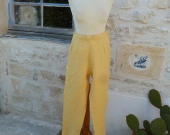 Vintage 1990 French yellow linen trousers flat waist size  L