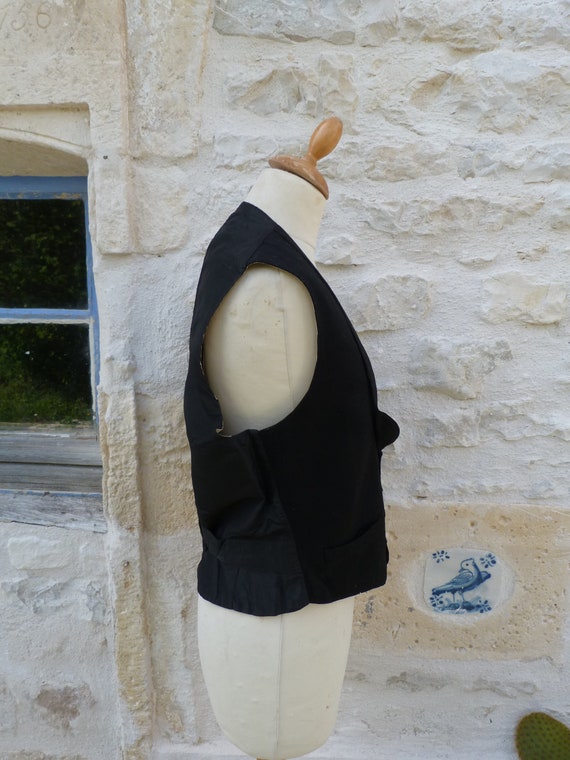 Vintage 1900 old French men vest black wool  with… - image 6