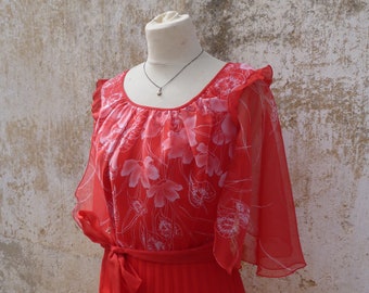 Vintage 1970/70s French red floral printed light polyester long dress size S