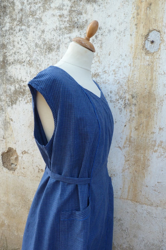 Vintage old French blue plaid chore dress housecoa