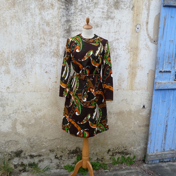 Vintage 1970 robe  motif psychédélique ceinturée