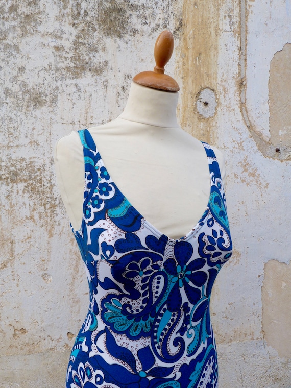 Vintage 1970s 1 piece floral  blue swimsuit /swim… - image 2