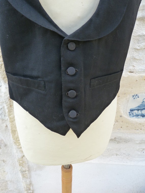 Vintage 1900 old French men vest black wool  with… - image 3