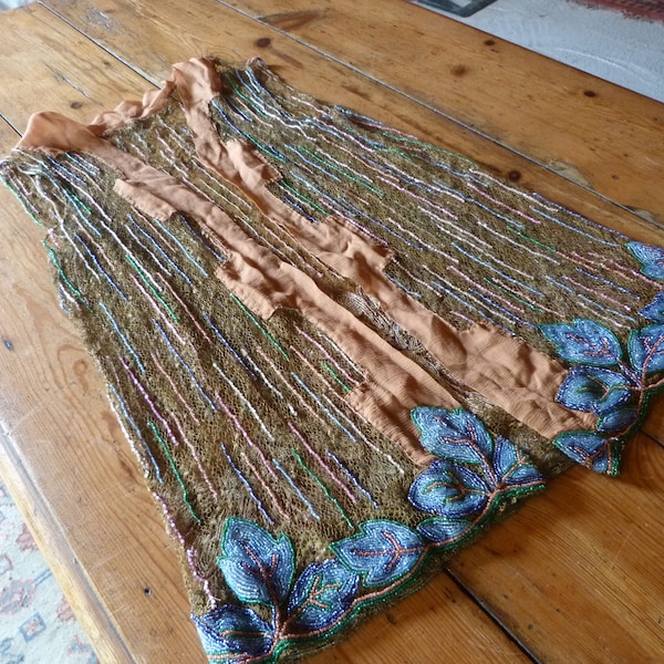 Vintage 1920 Gilet tunique blouse dentelle or et mousseline de soie brodée perlée