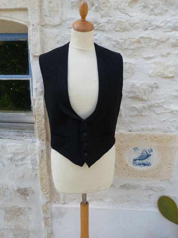 Vintage 1900 old French men vest black wool  with… - image 1
