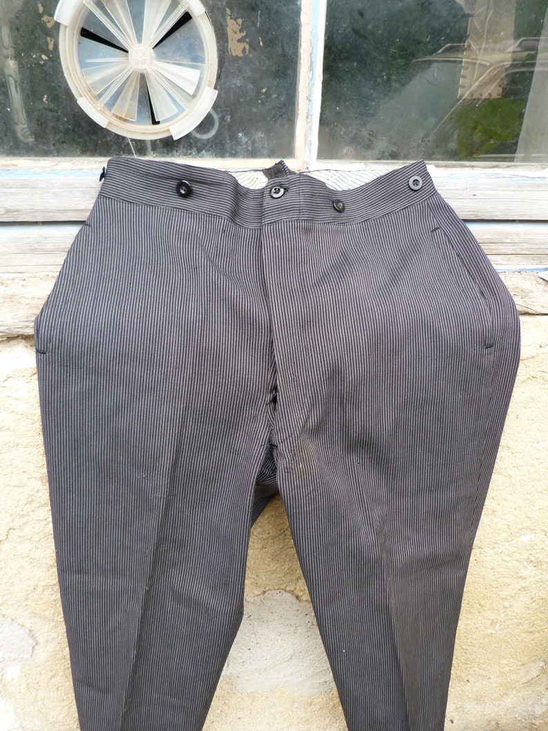 Vintage Antique 19001920 old French striped chore black wool men trousers pants Victorian Edwardian