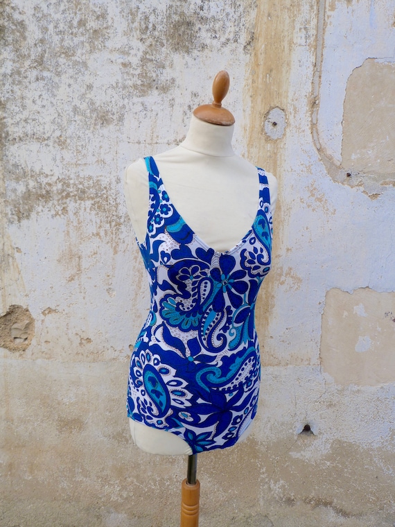 Vintage 1970s 1 piece floral  blue swimsuit /swim… - image 1