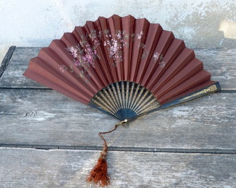 Vintage old French Victorian cut out  wood & painted silk large Hand Held Folding Fan cherry blossoms