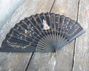 Vintage old French Victorian folded fan black wood & hand painted silk + sequins large Hand Held Folding Fan