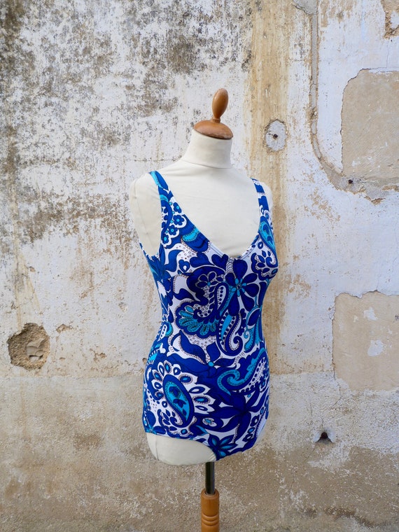 Vintage 1970s 1 piece floral  blue swimsuit /swim… - image 5