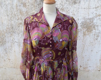 Vintage 1970 French dress semi sheer floral  pleated size  S