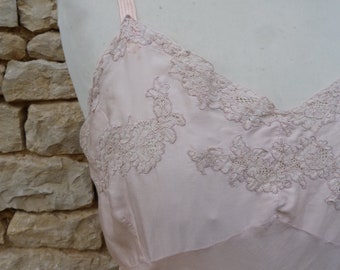 Vintage Antique 1920s  French salmon pink viscosa & cream lace  slip /lingerie  size S/M