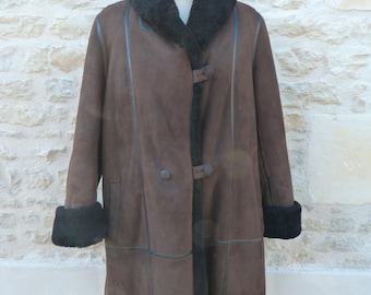 Manteau Vintage En Peau De Mouton Bouclé Avec Col En Vison - Taille M - Occasion Très Bon État