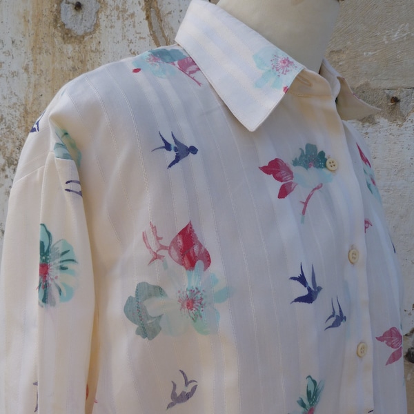 Vintage 1980 blouse chemise creme imprimée oiseaux