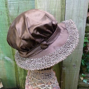 Vintage Antique old French 1910 women hat  brown  raphia & satin
